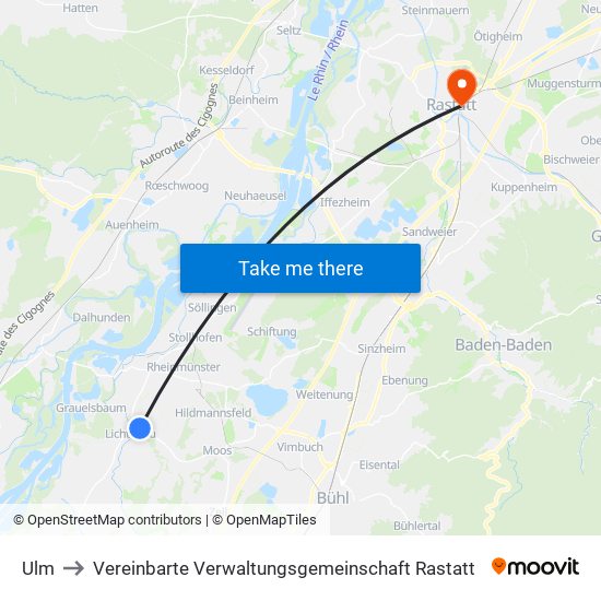 Ulm to Vereinbarte Verwaltungsgemeinschaft Rastatt map