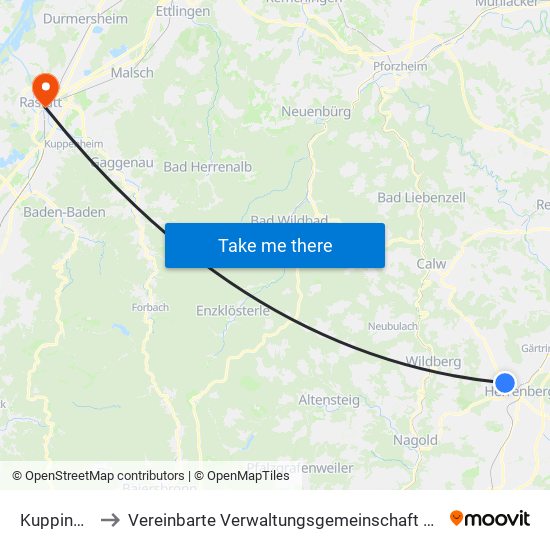 Kuppingen to Vereinbarte Verwaltungsgemeinschaft Rastatt map