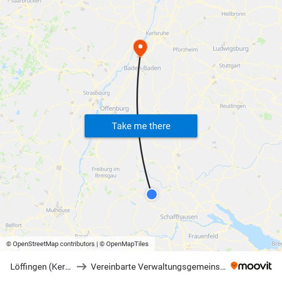 Löffingen (Kernstadt) to Vereinbarte Verwaltungsgemeinschaft Rastatt map