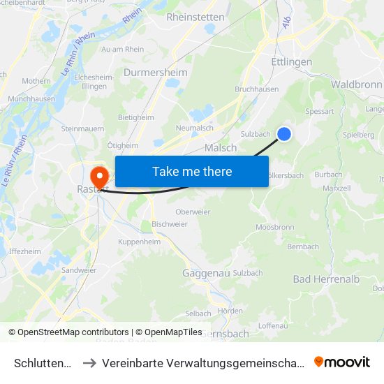 Schluttenbach to Vereinbarte Verwaltungsgemeinschaft Rastatt map