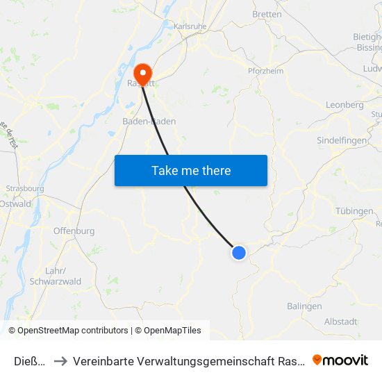 Dießen to Vereinbarte Verwaltungsgemeinschaft Rastatt map