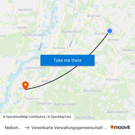 Neibsheim to Vereinbarte Verwaltungsgemeinschaft Rastatt map