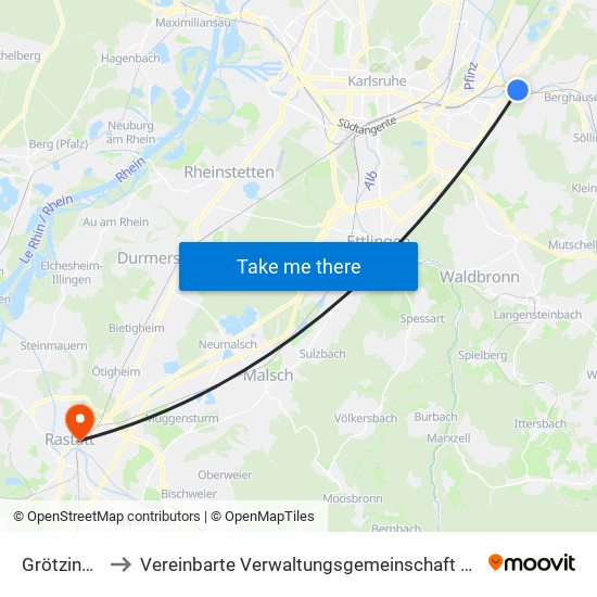 Grötzingen to Vereinbarte Verwaltungsgemeinschaft Rastatt map