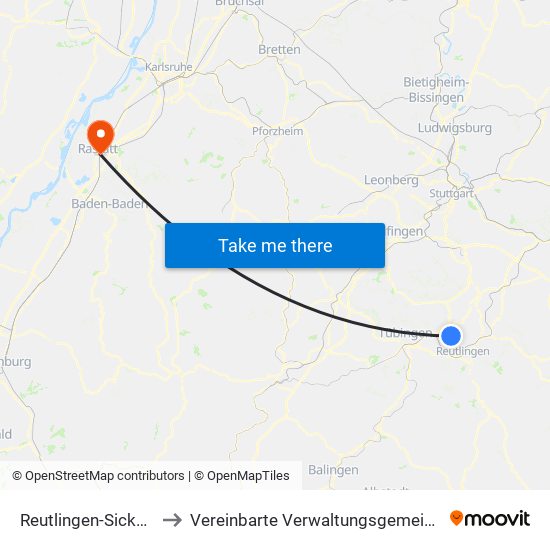 Reutlingen-Sickenhausen to Vereinbarte Verwaltungsgemeinschaft Rastatt map