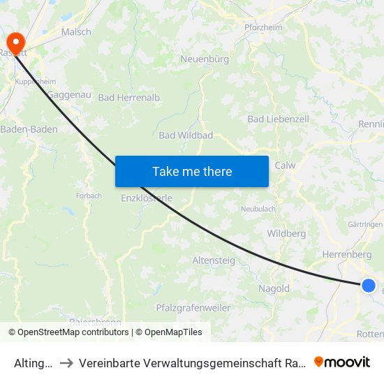 Altingen to Vereinbarte Verwaltungsgemeinschaft Rastatt map