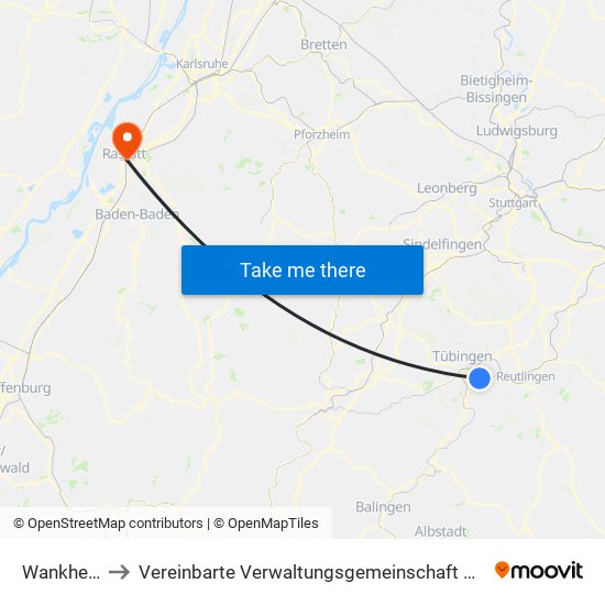 Wankheim to Vereinbarte Verwaltungsgemeinschaft Rastatt map
