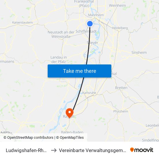 Ludwigshafen-Rheingönheim to Vereinbarte Verwaltungsgemeinschaft Rastatt map