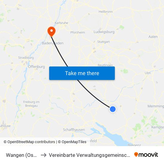 Wangen (Ostrach) to Vereinbarte Verwaltungsgemeinschaft Rastatt map