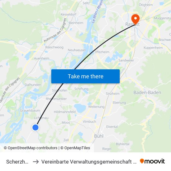 Scherzheim to Vereinbarte Verwaltungsgemeinschaft Rastatt map