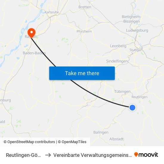 Reutlingen-Gönningen to Vereinbarte Verwaltungsgemeinschaft Rastatt map