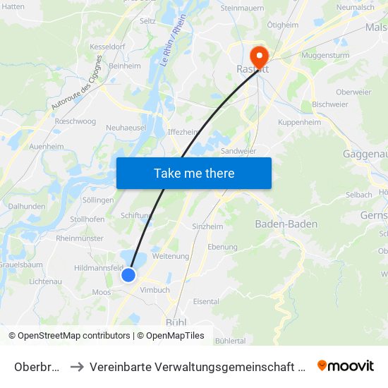 Oberbruch to Vereinbarte Verwaltungsgemeinschaft Rastatt map