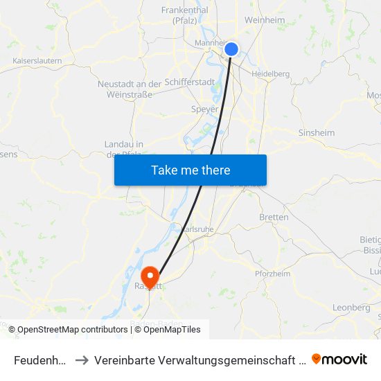 Feudenheim to Vereinbarte Verwaltungsgemeinschaft Rastatt map