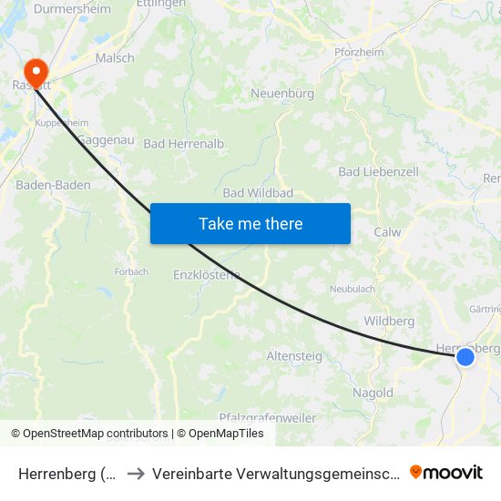 Herrenberg (Stadt) to Vereinbarte Verwaltungsgemeinschaft Rastatt map