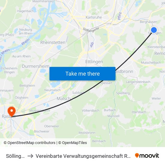 Söllingen to Vereinbarte Verwaltungsgemeinschaft Rastatt map