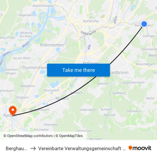 Berghausen to Vereinbarte Verwaltungsgemeinschaft Rastatt map