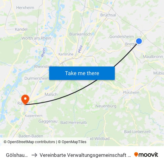 Gölshausen to Vereinbarte Verwaltungsgemeinschaft Rastatt map