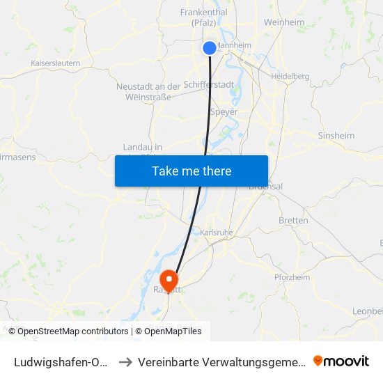 Ludwigshafen-Oggersheim to Vereinbarte Verwaltungsgemeinschaft Rastatt map