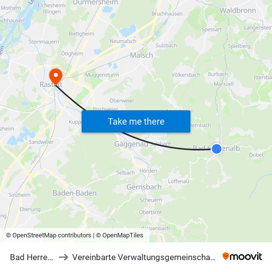 Bad Herrenalb to Vereinbarte Verwaltungsgemeinschaft Rastatt map