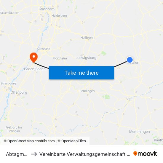 Abtsgmünd to Vereinbarte Verwaltungsgemeinschaft Rastatt map