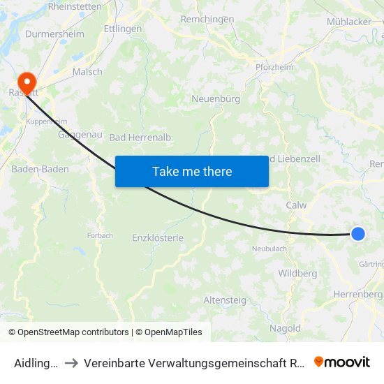 Aidlingen to Vereinbarte Verwaltungsgemeinschaft Rastatt map