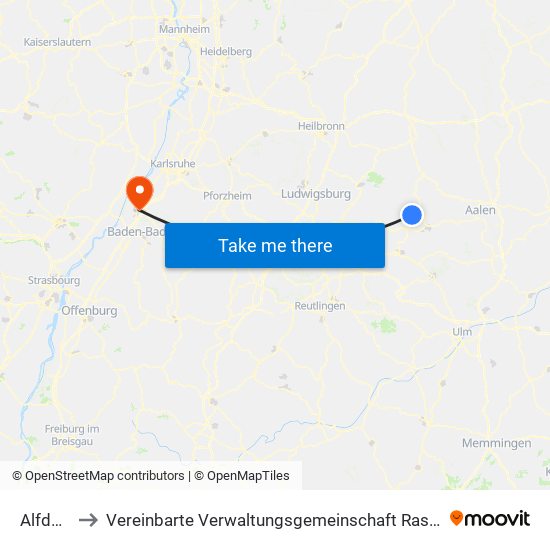 Alfdorf to Vereinbarte Verwaltungsgemeinschaft Rastatt map