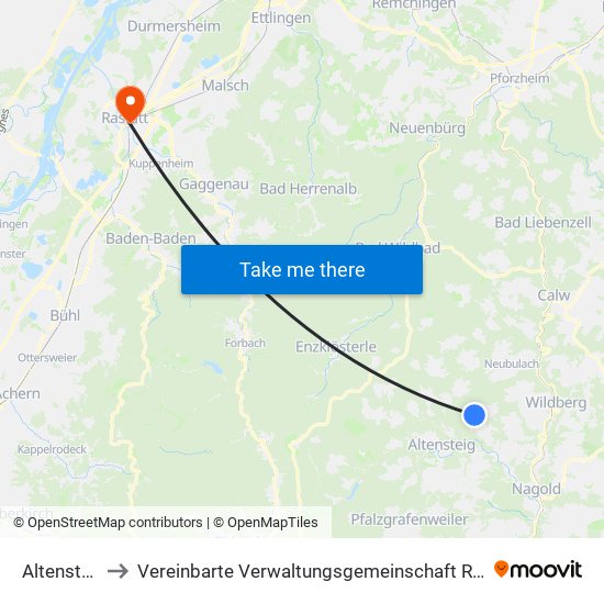 Altensteig to Vereinbarte Verwaltungsgemeinschaft Rastatt map