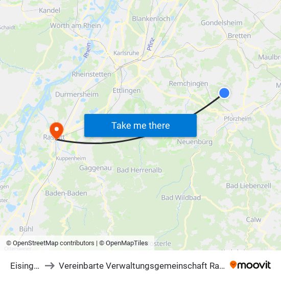Eisingen to Vereinbarte Verwaltungsgemeinschaft Rastatt map