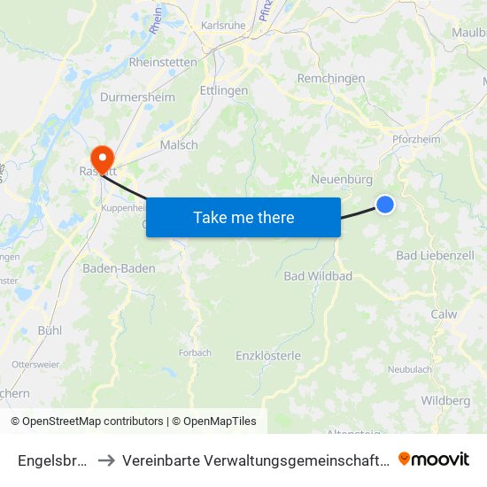 Engelsbrand to Vereinbarte Verwaltungsgemeinschaft Rastatt map