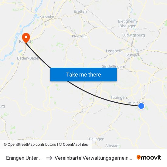 Eningen Unter Achalm to Vereinbarte Verwaltungsgemeinschaft Rastatt map