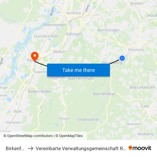 Birkenfeld to Vereinbarte Verwaltungsgemeinschaft Rastatt map