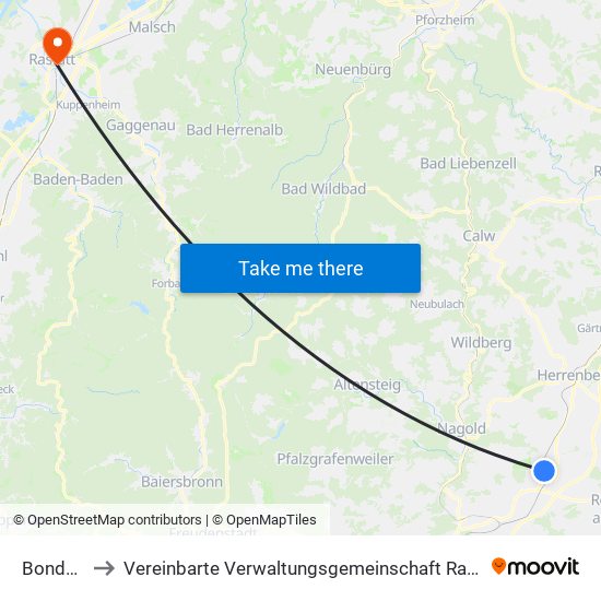 Bondorf to Vereinbarte Verwaltungsgemeinschaft Rastatt map