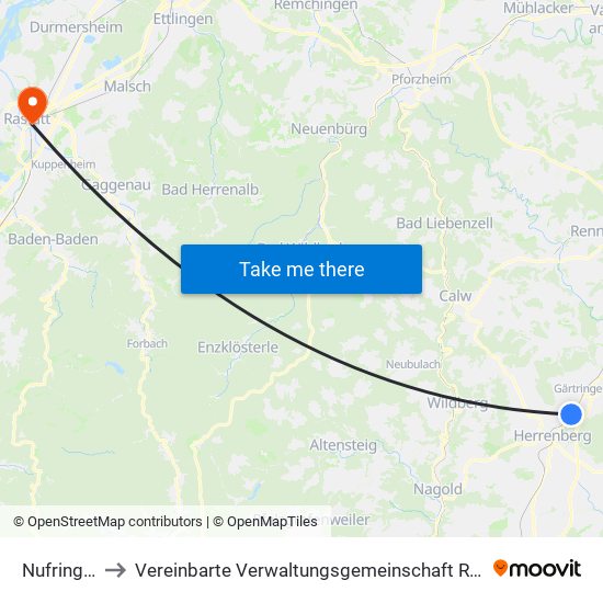 Nufringen to Vereinbarte Verwaltungsgemeinschaft Rastatt map