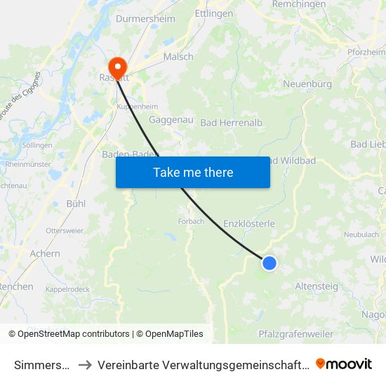 Simmersfeld to Vereinbarte Verwaltungsgemeinschaft Rastatt map