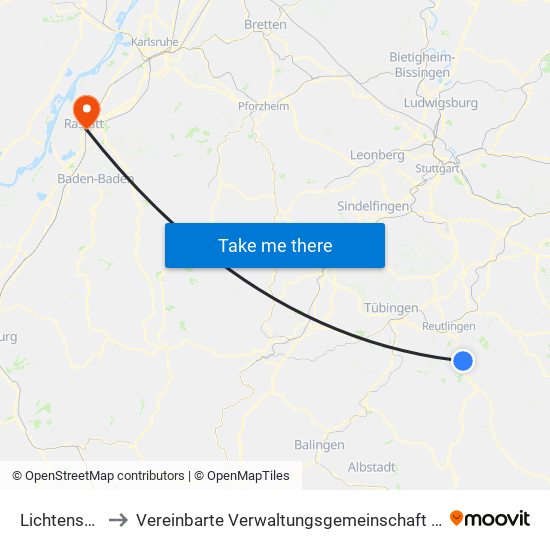 Lichtenstein to Vereinbarte Verwaltungsgemeinschaft Rastatt map