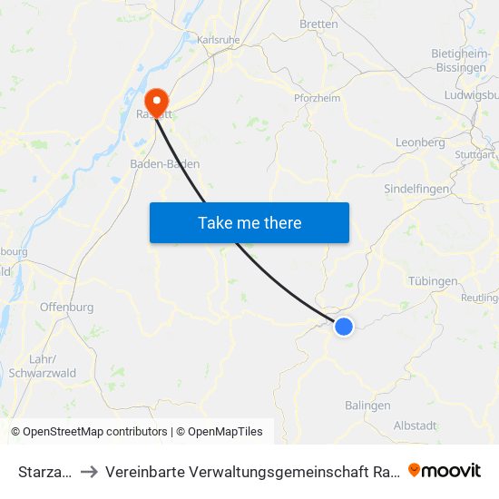 Starzach to Vereinbarte Verwaltungsgemeinschaft Rastatt map