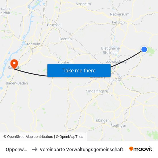 Oppenweiler to Vereinbarte Verwaltungsgemeinschaft Rastatt map