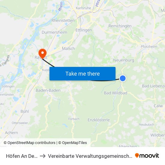 Höfen An Der Enz to Vereinbarte Verwaltungsgemeinschaft Rastatt map