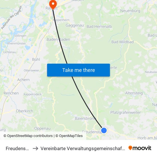 Freudenstadt to Vereinbarte Verwaltungsgemeinschaft Rastatt map