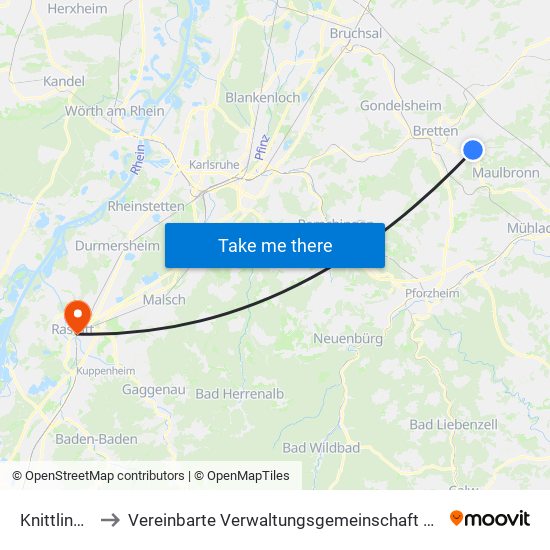 Knittlingen to Vereinbarte Verwaltungsgemeinschaft Rastatt map