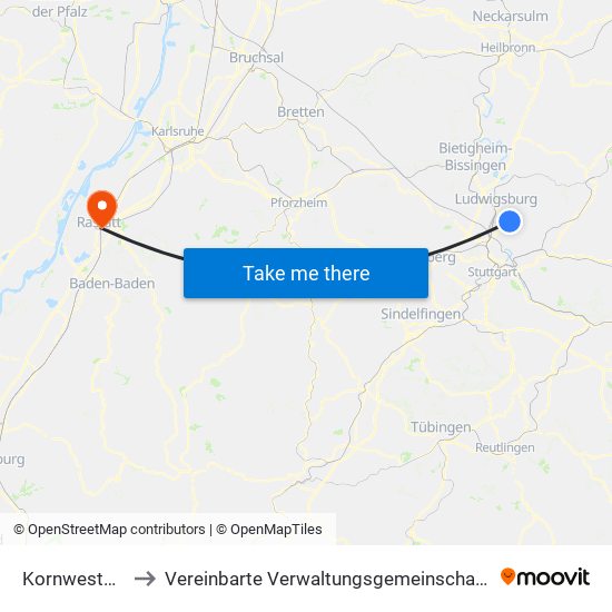 Kornwestheim to Vereinbarte Verwaltungsgemeinschaft Rastatt map