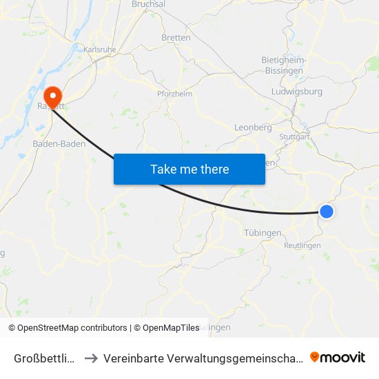 Großbettlingen to Vereinbarte Verwaltungsgemeinschaft Rastatt map