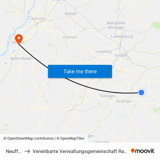 Neuffen to Vereinbarte Verwaltungsgemeinschaft Rastatt map