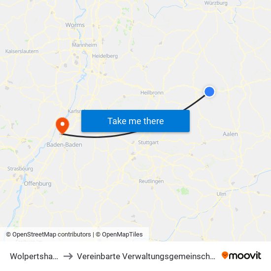 Wolpertshausen to Vereinbarte Verwaltungsgemeinschaft Rastatt map