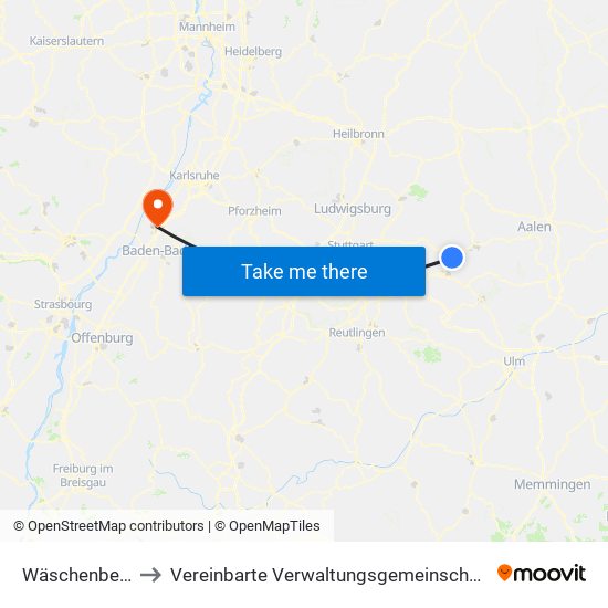 Wäschenbeuren to Vereinbarte Verwaltungsgemeinschaft Rastatt map