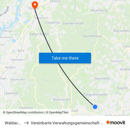 Waldachtal to Vereinbarte Verwaltungsgemeinschaft Rastatt map