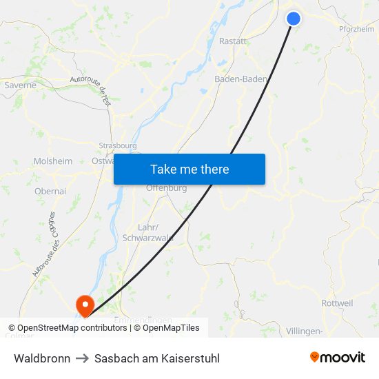 Waldbronn to Sasbach am Kaiserstuhl map