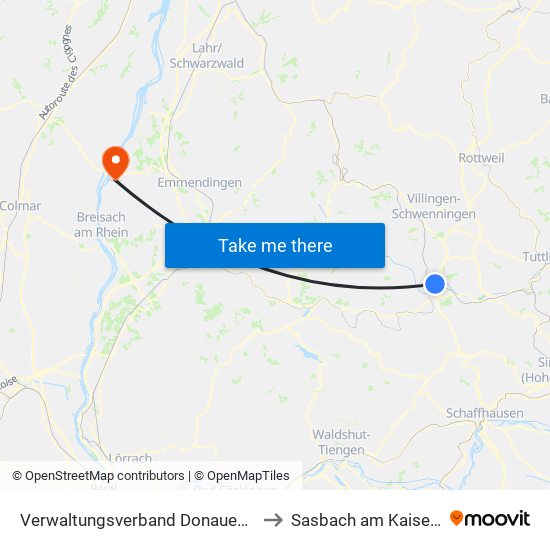 Verwaltungsverband Donaueschingen to Sasbach am Kaiserstuhl map