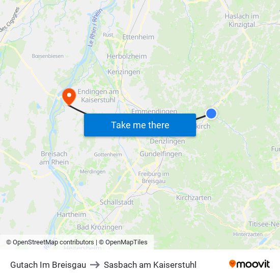 Gutach Im Breisgau to Sasbach am Kaiserstuhl map