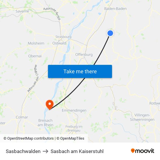 Sasbachwalden to Sasbach am Kaiserstuhl map