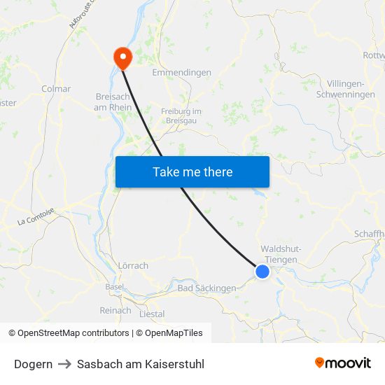 Dogern to Sasbach am Kaiserstuhl map